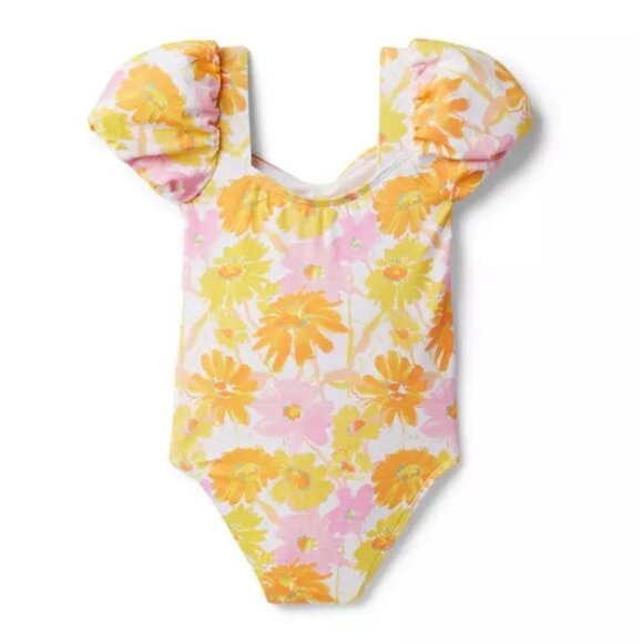 Janie And Jack Girls' Floral Puff Sleeve Swimsuit Size 6 Blazing Orange Size 6 - Picture 3 of 8